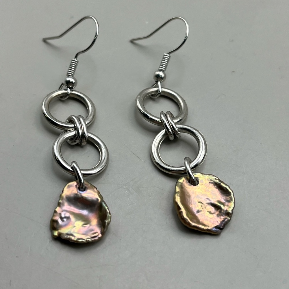 Silver Toned Double Circle Dangle Earrings With Natural Baroque Pearls